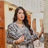 BEIGE & NAVY NURA CHANDERI KURTA, GOTA PANTS AND ODHANI SET OF THREE