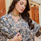 BEIGE & NAVY NURA CHANDERI KURTA, GOTA PANTS AND ODHANI SET OF THREE