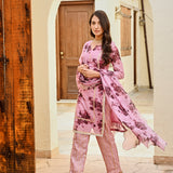 PINK NURA CHANDERI KURTA , STRAIGHT GOTA PANTS AND ODHANI SET OF THREE