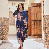 NAVY MULTI FLORAL ZIVA COWL DRESS
