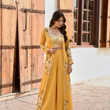 MUSTARD NAAZ CAPE, CROP TOP AND FLAIR PANTS SET OF 3