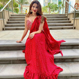 SHAHEEN ABBAS | TOMATO RED BANDHNI DRAPED RARA SAREE, GOTA CROP TOP AND BELT