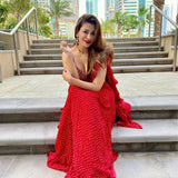 SHAHEEN ABBAS | TOMATO RED BANDHNI DRAPED RARA SAREE, GOTA CROP TOP AND BELT