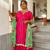 PINK SANGEET KURTA WITH ATTACHED SKIRT AND MINT ROSE ODHANI SET OF TWO
