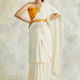 IVORY AND MUSTARD ISHNA PRE STITCHED SAREE WITH CROP TOP AND BELT SET OF THREE