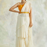 IVORY AND MUSTARD ISHNA PRE STITCHED SAREE WITH CROP TOP AND BELT SET OF THREE