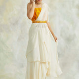 IVORY AND MUSTARD ISHNA PRE STITCHED SAREE WITH CROP TOP AND BELT SET OF THREE
