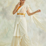 IVORY AND MUSTARD ISHNA PRE STITCHED SAREE WITH CROP TOP AND BELT SET OF THREE