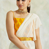 IVORY AND MUSTARD ISHNA PRE STITCHED SAREE WITH CROP TOP AND BELT SET OF THREE
