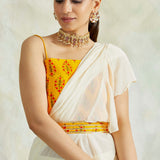 IVORY AND MUSTARD ISHNA PRE STITCHED SAREE WITH CROP TOP AND BELT