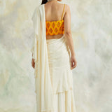 IVORY AND MUSTARD ISHNA PRE STITCHED SAREE WITH CROP TOP AND BELT SET OF THREE