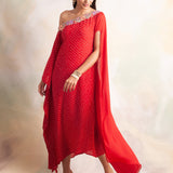 RED BANDHANI RIMI OFF SHOULDER DRESS