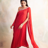 RED BANDHANI RIMI OFF SHOULDER DRESS