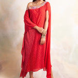 RED BANDHANI RIMI OFF SHOULDER DRESS