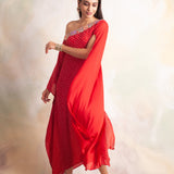 RED BANDHANI RIMI OFF SHOULDER DRESS
