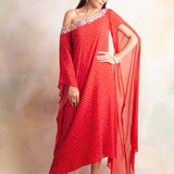 RED BANDHANI RIMI OFF SHOULDER DRESS