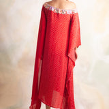 RED BANDHANI RIMI OFF SHOULDER DRESS