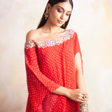 RED BANDHANI RIMI OFF SHOULDER DRESS