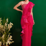 FUSCHIA BANDHANI RARA DRAPED SAREE WITH GOTA CROP TOP AND BELT