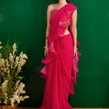 FUSCHIA BANDHANI RARA DRAPED SAREE WITH GOTA CROP TOP AND BELT