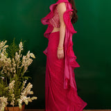 FUSCHIA BANDHANI RARA DRAPED SAREE WITH GOTA CROP TOP AND BELT