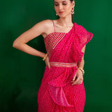 FUSCHIA BANDHANI RARA DRAPED SAREE WITH GOTA CROP TOP AND BELT