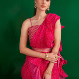 FUSCHIA BANDHANI RARA DRAPED SAREE WITH GOTA CROP TOP AND BELT