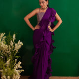 PURPLE RARA DRAPED SAREE WITH GOTA CROP TOP AND BELT