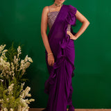 PURPLE RARA DRAPED SAREE WITH GOTA CROP TOP AND BELT