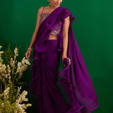 PURPLE RARA DRAPED SAREE WITH GOTA CROP TOP AND BELT