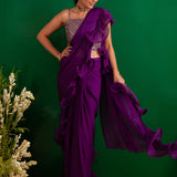 PURPLE RARA DRAPED SAREE WITH GOTA CROP TOP AND BELT