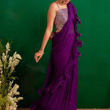 PURPLE RARA DRAPED SAREE WITH GOTA CROP TOP AND BELT
