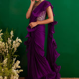 PURPLE RARA DRAPED SAREE WITH GOTA CROP TOP AND BELT