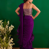 PURPLE RARA DRAPED SAREE WITH GOTA CROP TOP AND BELT