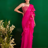 FUSCHIA RARA DRAPED SAREE WITH GOTA CROP TOP AND BELT