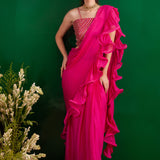 FUSCHIA RARA DRAPED SAREE WITH GOTA CROP TOP AND BELT