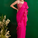 FUSCHIA RARA DRAPED SAREE WITH GOTA CROP TOP AND BELT