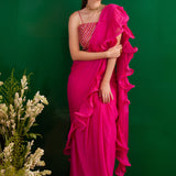 FUSCHIA RARA DRAPED SAREE WITH GOTA CROP TOP AND BELT