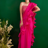 FUSCHIA RARA DRAPED SAREE WITH GOTA CROP TOP AND BELT