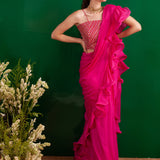 FUSCHIA RARA DRAPED SAREE WITH GOTA CROP TOP AND BELT