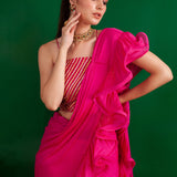 FUSCHIA RARA DRAPED SAREE WITH GOTA CROP TOP AND BELT