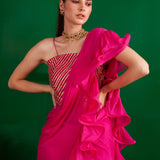 FUSCHIA RARA DRAPED SAREE WITH GOTA CROP TOP AND BELT