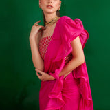 FUSCHIA RARA DRAPED SAREE WITH GOTA CROP TOP AND BELT