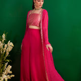 FUSCHIA BANDHANI NAAZ JACKET WITH GOTA CROP TOP AND PALLAZO SET
