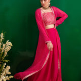 FUSCHIA BANDHANI NAAZ JACKET WITH GOTA CROP TOP AND PALLAZO SET