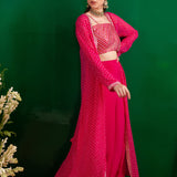 FUSCHIA BANDHANI NAAZ JACKET WITH GOTA CROP TOP AND PALLAZO SET