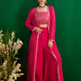 FUSCHIA BANDHANI NAAZ JACKET WITH GOTA CROP TOP AND PALLAZO SET