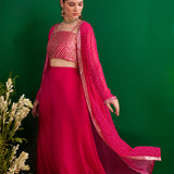 FUSCHIA BANDHANI NAAZ JACKET WITH GOTA CROP TOP AND PALLAZO SET