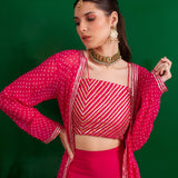 FUSCHIA BANDHANI NAAZ JACKET WITH GOTA CROP TOP AND PALLAZO SET