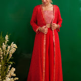 RED BANDHANI NAAZ JACKET WITH CROP TOP AND PALLAZO PANTS